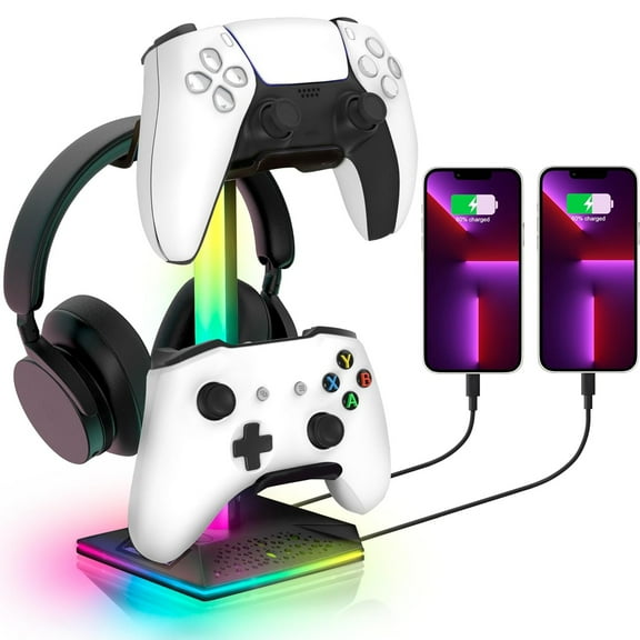 RGB Gaming Controller Holder, Headphone Stand With 2 USB Charging and 1 Type-C, Controller Stand with 10 Light Mode and Memory Feature, Universal Headset Stand Accessories-Black