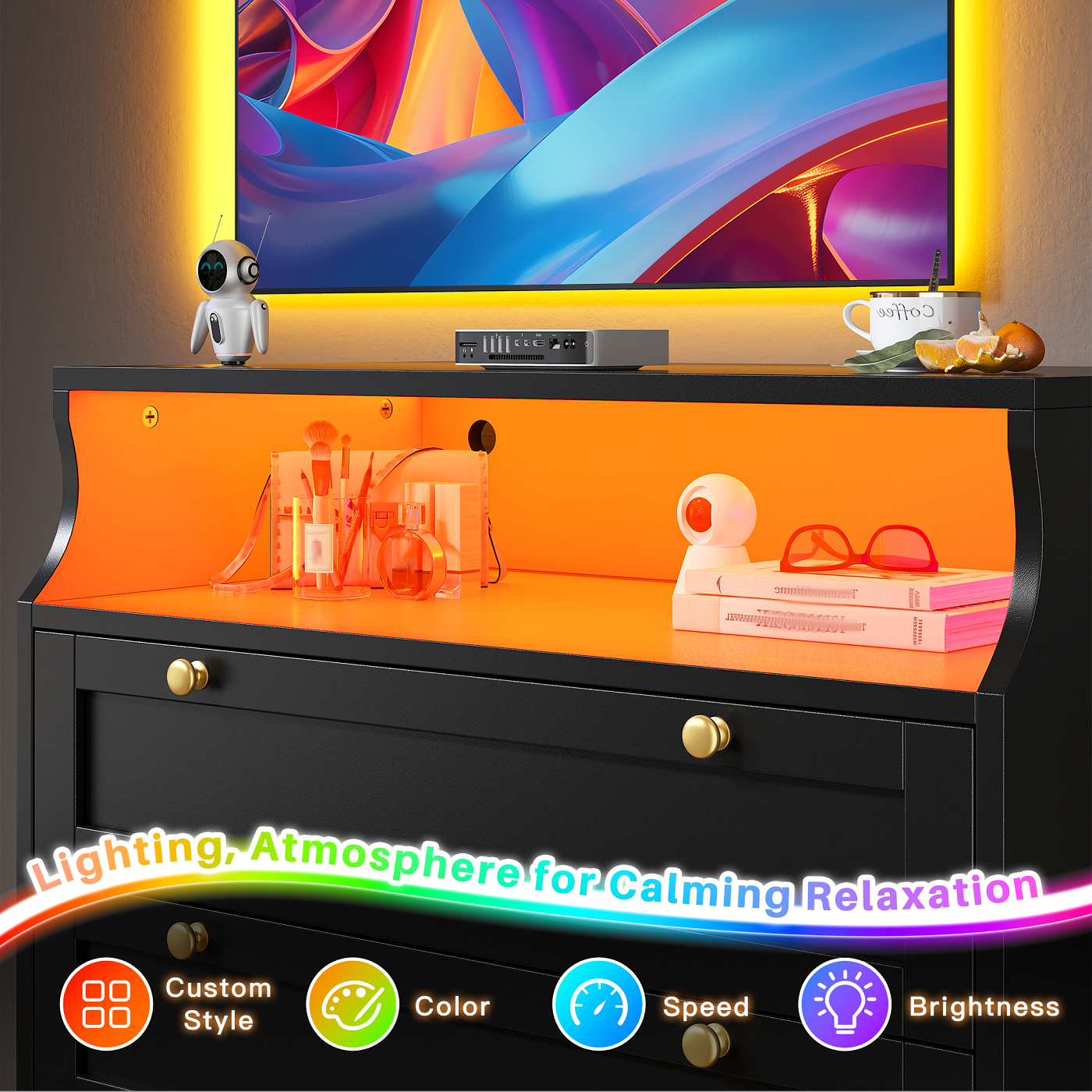 Black Dresser for Bedroom with 5 Drawers,Modern Chest of Drawers with LED Lights and 2 Shelves for Living Room,Hallway
