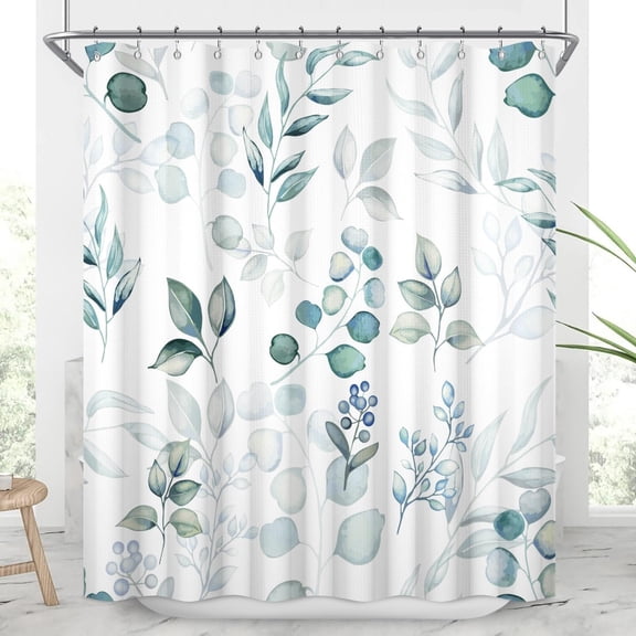 Leaves Shower Curtain, Blue Green Waffle Shower Curtains 72x72inches Watercolor Eucalyptus Leaves Waterproof Fabric Shower Curtain Set with Hooks