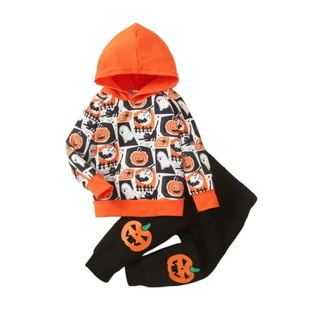 

IZhansean Toddler Baby Boy Girl Halloween Outfits Pumpkin Ghost Print Long Sleeve Hooded Top Joggers Pants Fall Winter Clothes White 12-18 Months
