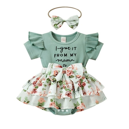 

Sunisery Newborn Baby Girls Romper Dress Set Letter Floral Got It from My Mama Print Ruffle Jumpsuits Clothes Shorts Headband