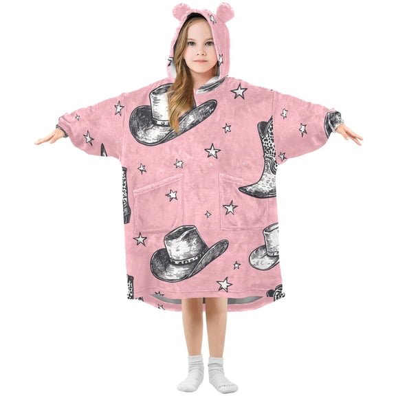Cowboy Hats Boots Stars Flannel Wearable Blankets Hooded Design Long Sleeves Wrap Unisex for 3T-14Y S