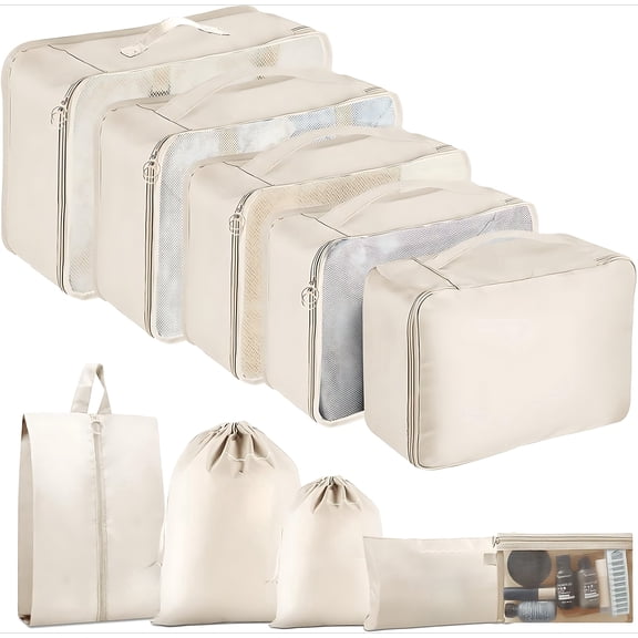 Travel Packing Cubes, 10-Piece Mesh Breathable Luggage Organizer Bags for Suitcase, Beige
