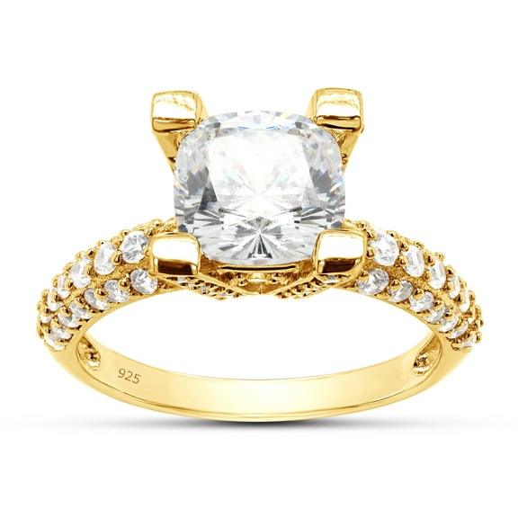 5.43 CT Square Amkor & Round Cut White Simulated Diamond Solitaire with Accents Ring In 14K Yellow Gold Over Sterling Silver (Color: White, Clarity: VVS1-VVS2, 5.43 Cttw) -4