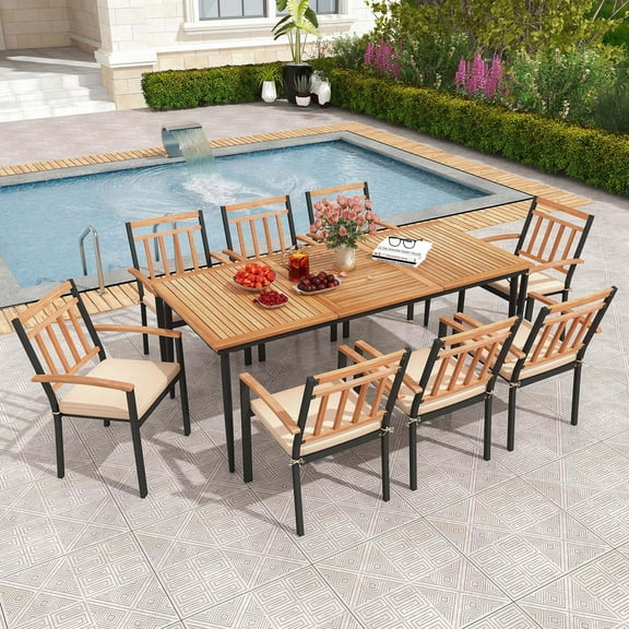 Costway 9 PCS Patio Dining Set 79" Rectangle Dining Tables with 8 Wooden Armchairs