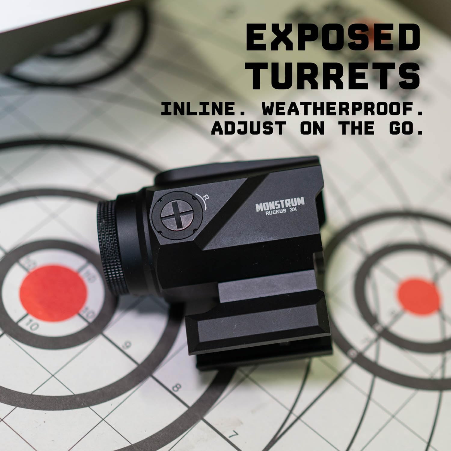 Monstrum Ruckus (e) 3X Prism with Electronic Button Control and Shake Awake | Circle Dot Reticle