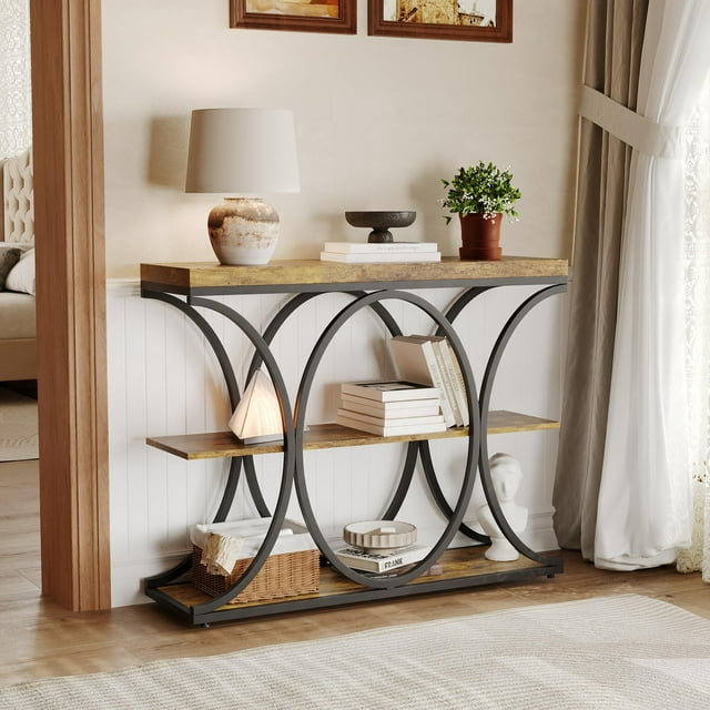 GloryStar 39" Behind-Couch Console Table, Farmhouse Wood 4-Tier Entryway Table with Decorative Metal Geometric Frame for Hallway Storage