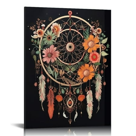 

QCPP Dream Catcher Flowers Feathers Wall Decor 16x20 in / 12x16 in Canvas for Bedroom Kitchen Living Room Office 12x16 in