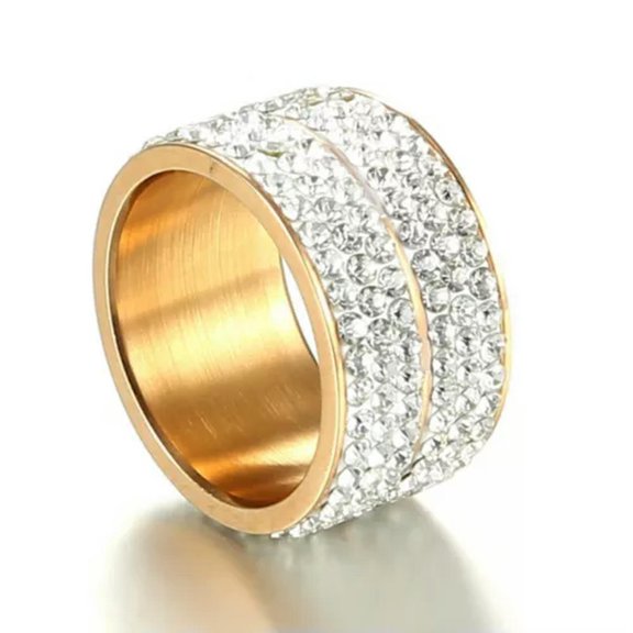 EOEMY 12mm Six Rowes Cz Silver Gold Black Bands Women'S Stainless Steel Ring Size 7-12