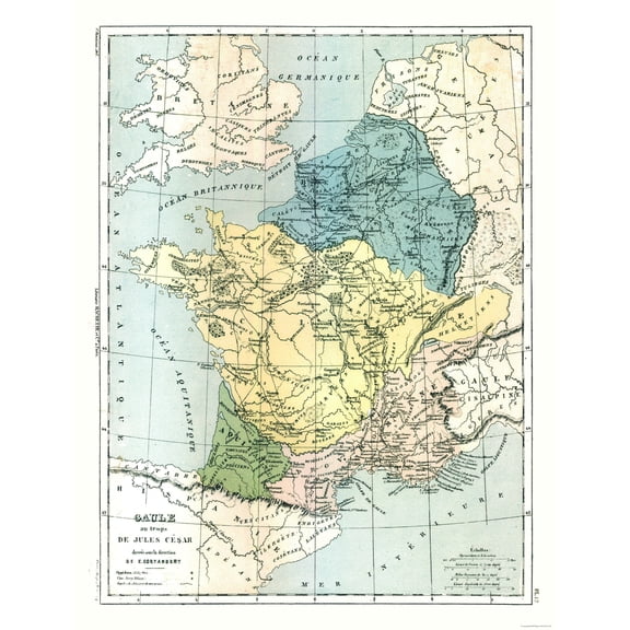 Historic Map - Gaul Julius Caesar France - Cortambert 1880 - Vintage Wall Art