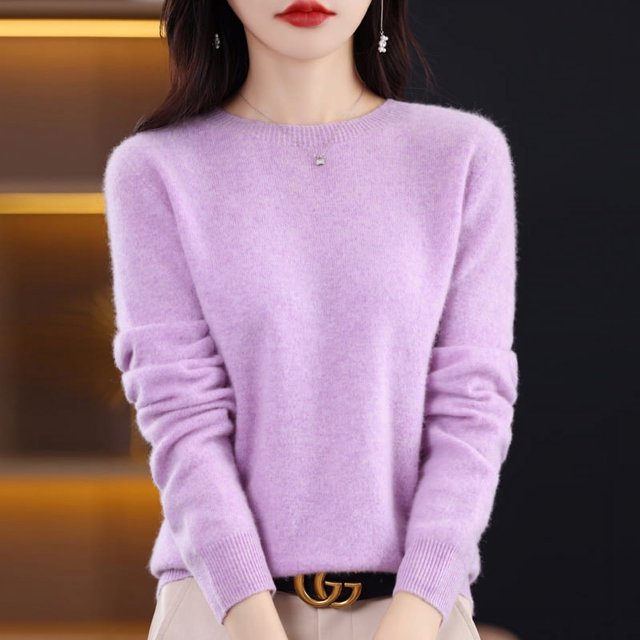 Suéter de lana 100 % pura para mujer, jersey de punto informal, otoño e invierno, suave y cálido, de lana caliente, manga larga, básico, cuello redondo