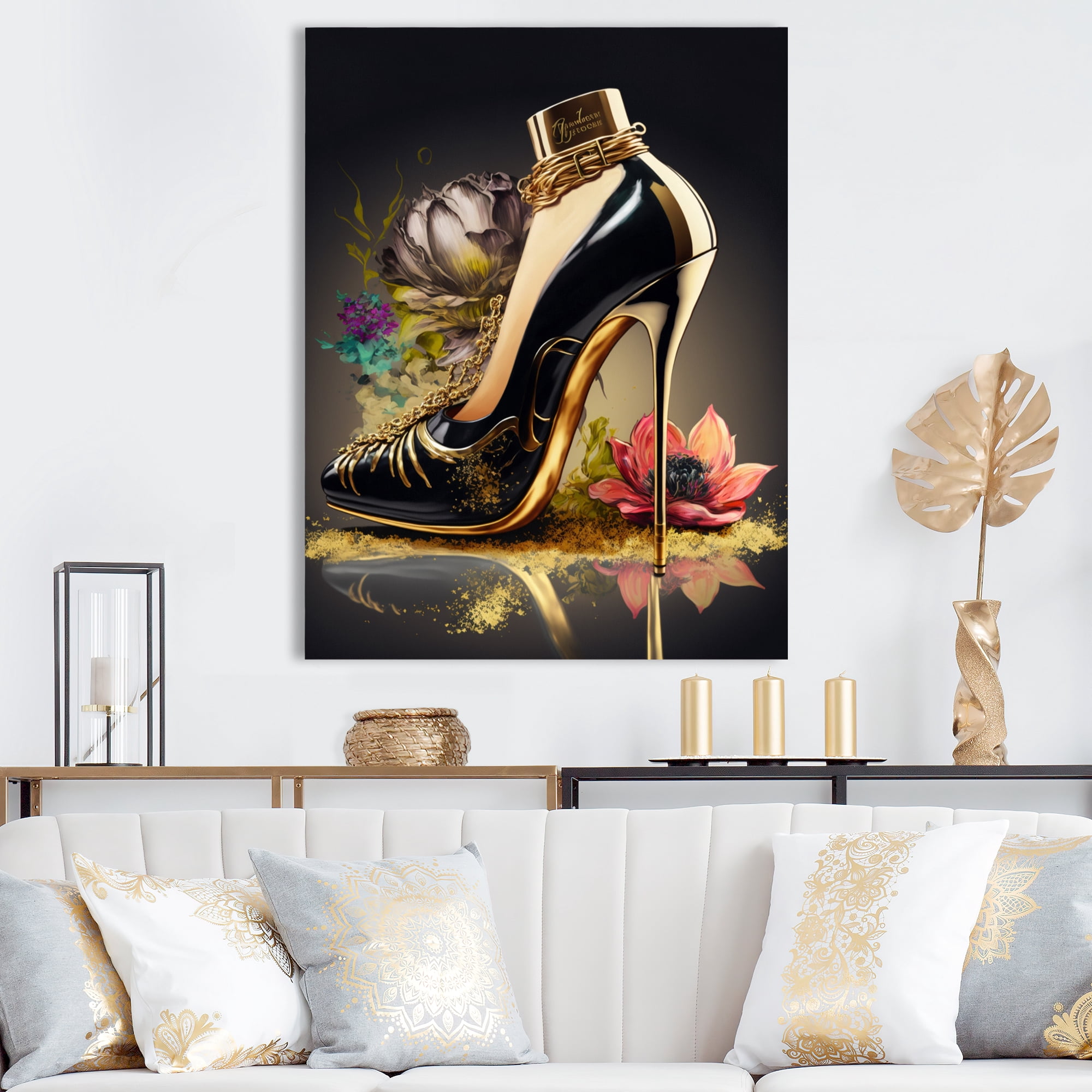 Designart Gold Floral High Heel Shoes I Canvas Wall Art