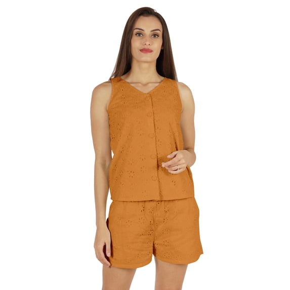 Bimba Solid Schiffli Top & Short Nightwear Set For Womens Casual 2 pcs Sexy Lounge Sleepwear Set