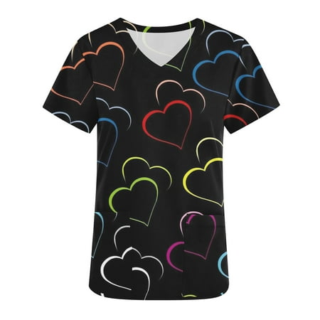 

JWZUY Womens Gradient Heart Print Tees Elegant Scrub Tops V Neck Tunic Short Sleeve Shirts Working Uniform Tops Nursing Workwear Tshirts Black XL