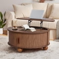 thumbnail image 6 of 33.5-Inch Round Lift Top Coffee Table with Hidden Storage, Fluted Design with Sliding Tambour Door and Solid Wood Legs, Walnut, 6 of 8