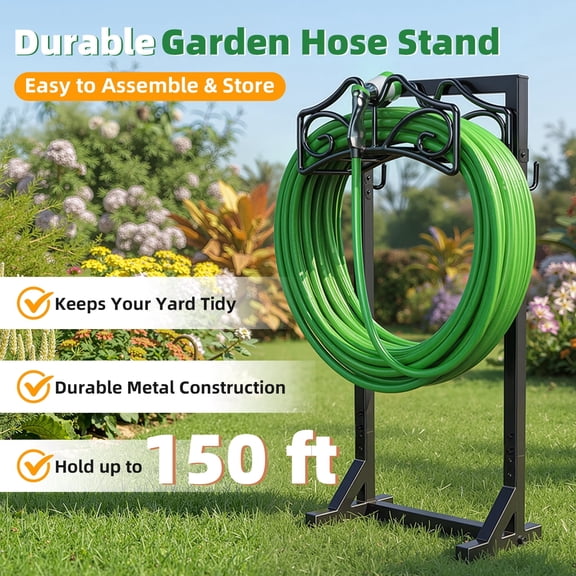 Garden Hose Holder, Water Hose Stand Freestanding Metal Hose Hanger, 4-Prongs Base Detachable Heavy Duty Hose Storage Stand for Outdoor