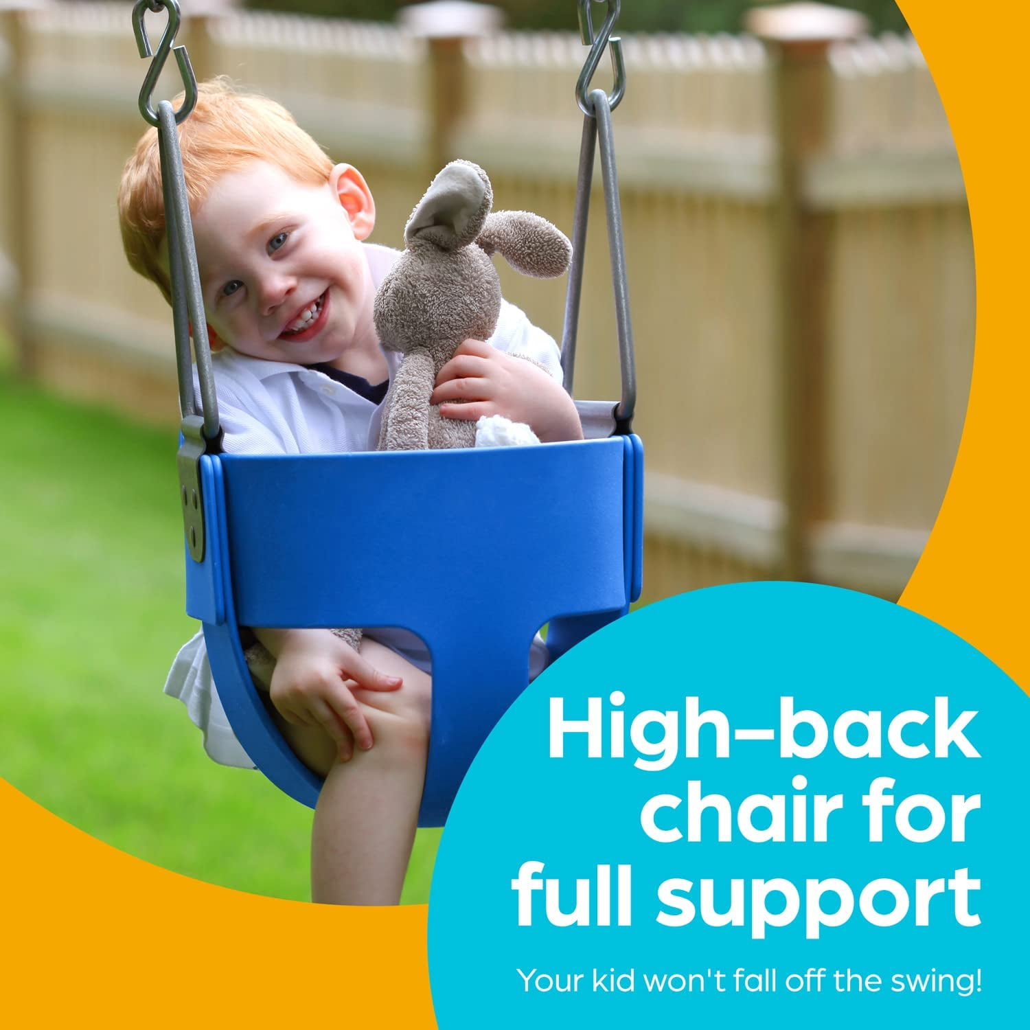 Jungle Gym Kingdom Toddler Swing; Heavy Duty, High Back, Full Bucket Baby Swing Seat with Coated Chains for Outdoor Use; Fully Assembled; Blue