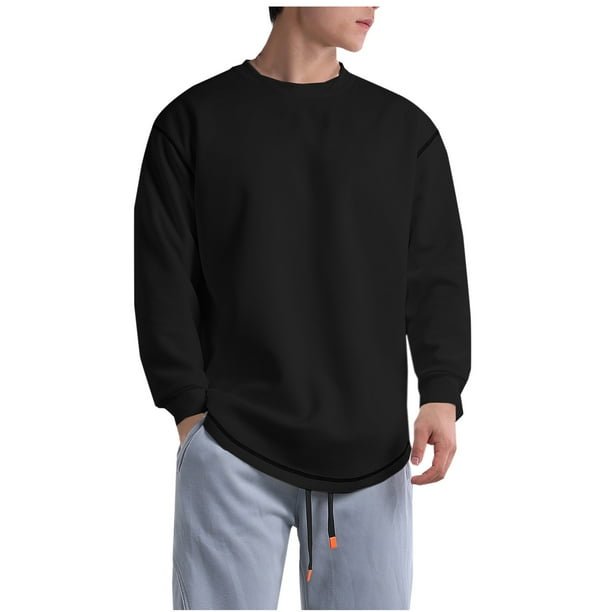 Blusas y camisas de manga larga y cuello redondo para hombre, estilo casual, de color liso, de poliéster y algodón.
