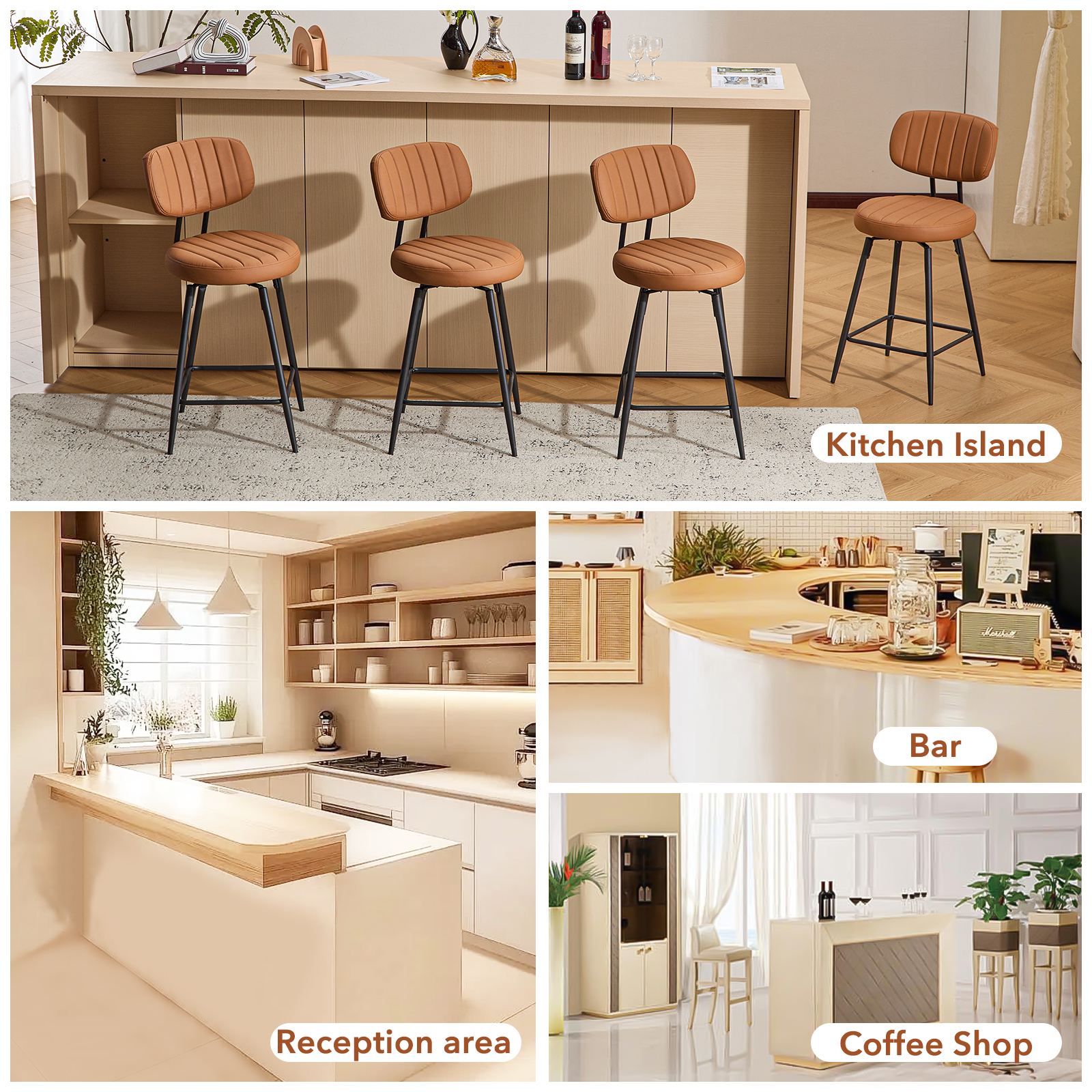 Furniliving 26" Modern Bar Stools Set of 2, Upholstered Swivel Counter Height Barstools with Back and Footrest, Adjustable Faux leather Barstool for Kitchen Island,Dining Room.Brown