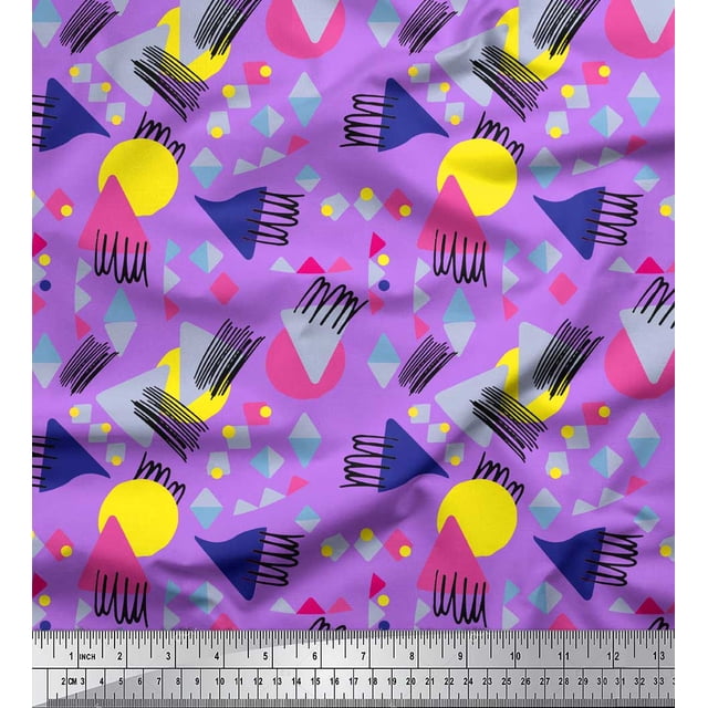 Soimoi Purple polyester Crepe Fabric Circle & Triangle Geometric Print Fabric by Yard 42 Inch Wide