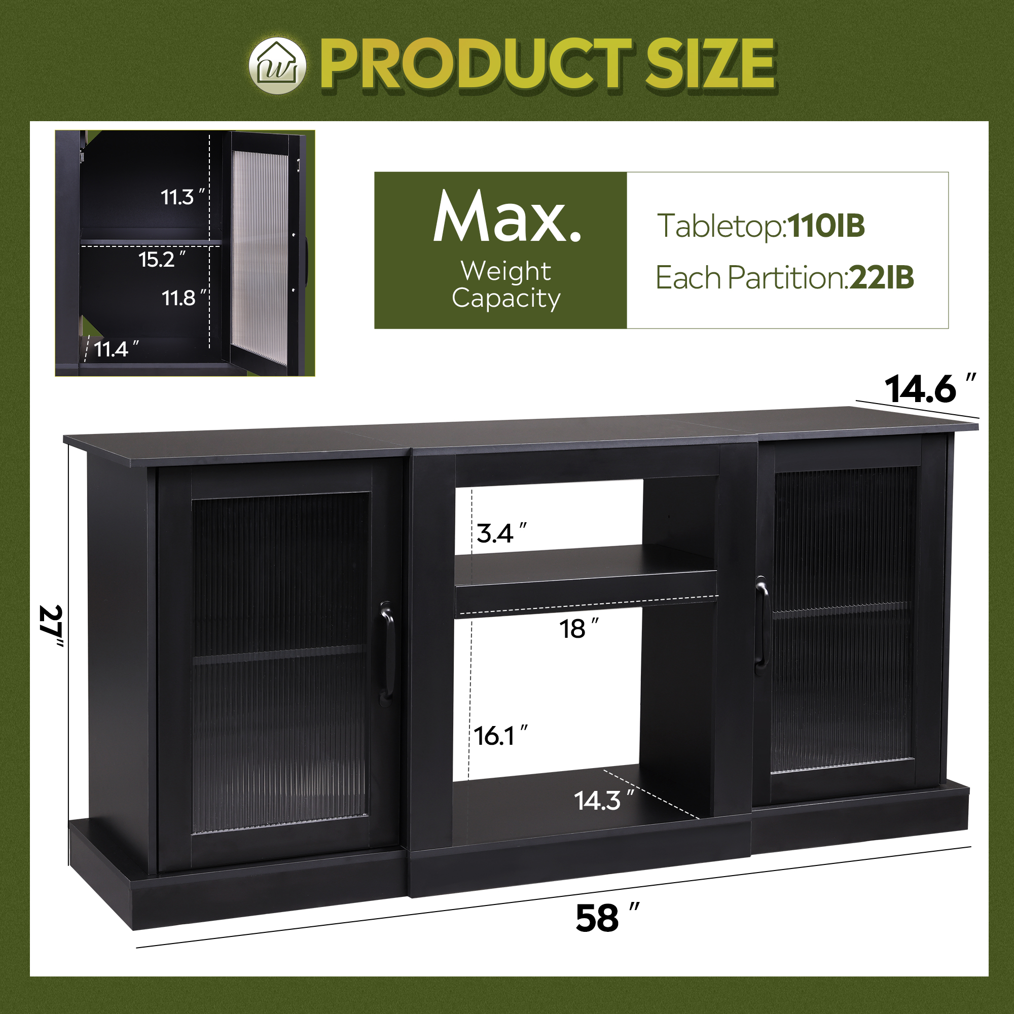 Galaxhero 65" Mid-Century TV Stand with Acrylic Doors, Black photo 2