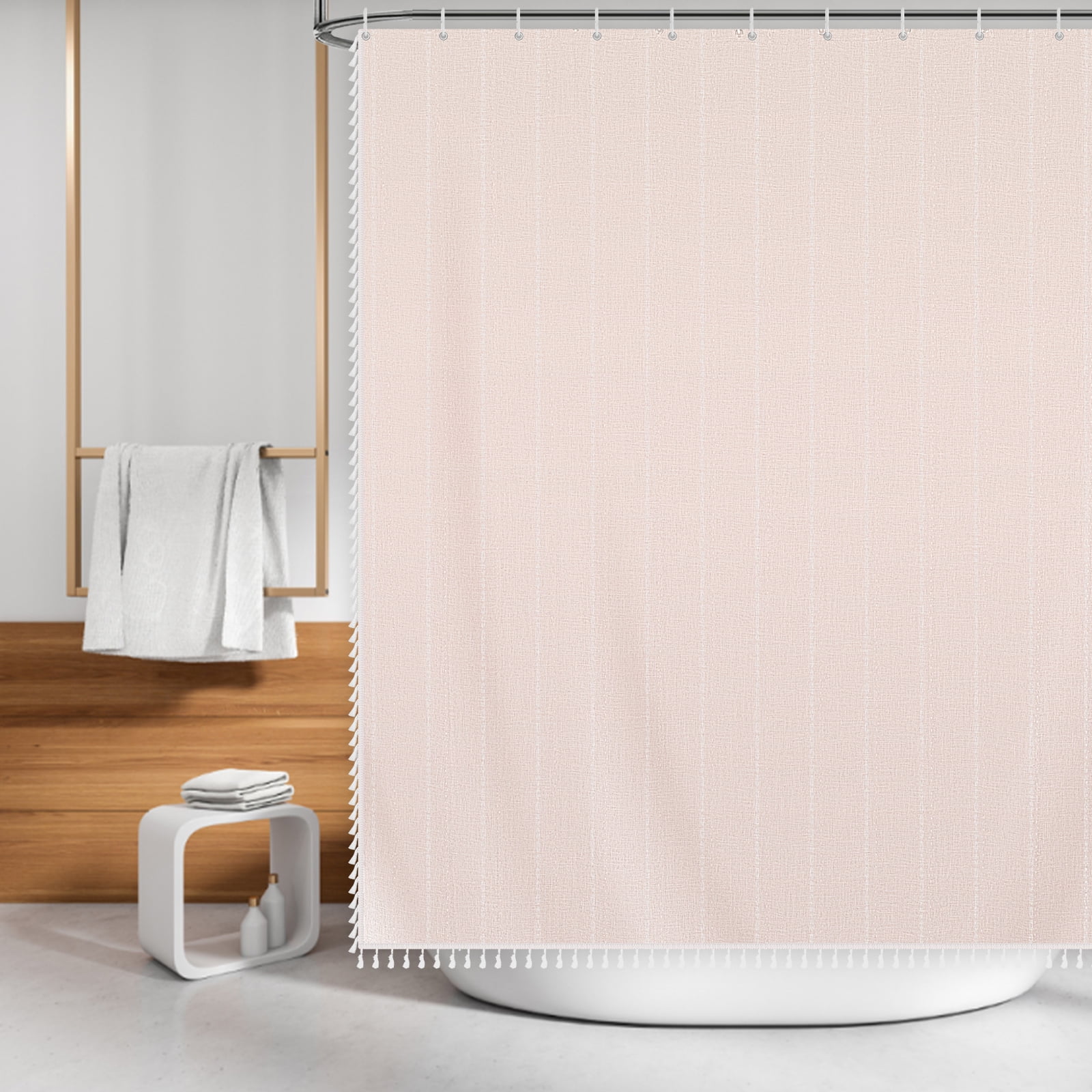 Dznils Boho Tassel Shower Curtain with Hooks, Farmhouse Thick Cloth Linen Fabric Bathroom Curtain, Cream, 72" x 72"
