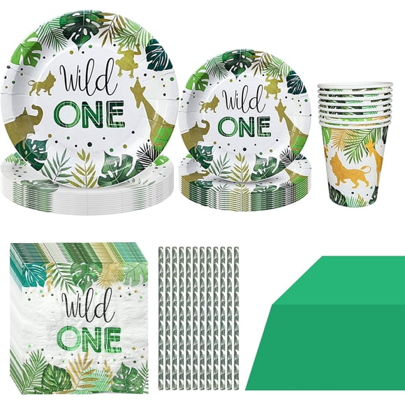 PinesC 61 Pcs Wild One Birthday Party Sulies Set, Birthday Party Tableware with Paper Plates Cups Napkins Tablecloth for Wild One Boy Girl Kids 1st Birthday Decorations Green