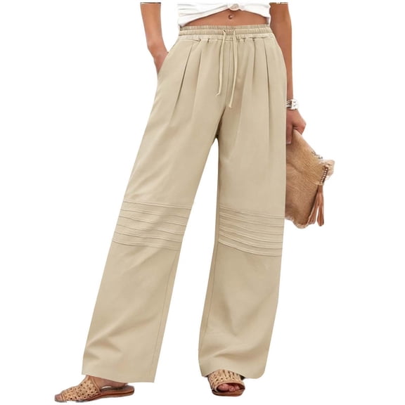 Ecqkame Women's Linen Baggy Pants Solid Color Wide Leg Elastic Waist Drawstring Pants Summer Casual Loose Lightweight Pants Khaki L