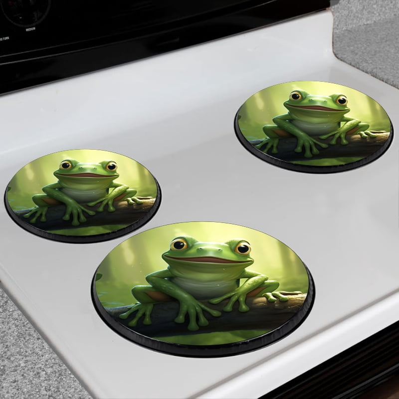 Bahomeck Electric Stove Burner Covers Set Of 4,Cute Cartoon Frog Sitting On The Branch Of Tree In Forest Metal Gas Stove Burner Covers,Protecting Gas Stoves,8 Inch And 10 Inch