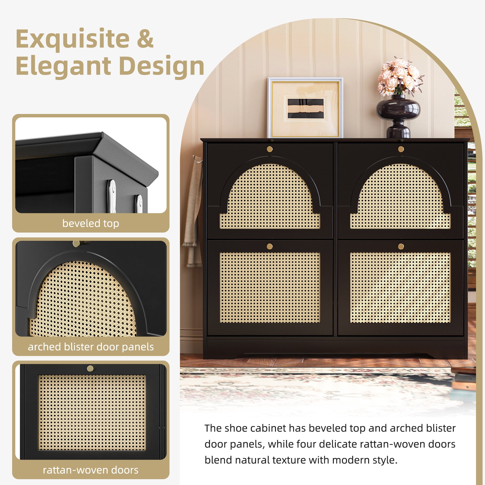 Euroco Mid-Century Rattan Shoe Cabinet with 4 Flip Drawers, Arched Doors, and Side Hooks, Holds up to 12 Pairs of Shoes