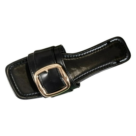 

SEMIMAY Fashion Spring And Summer Women Slippers Flat Bottom Square Toe And Open Toe Light And Comfortable Metal Buckle Casual Style