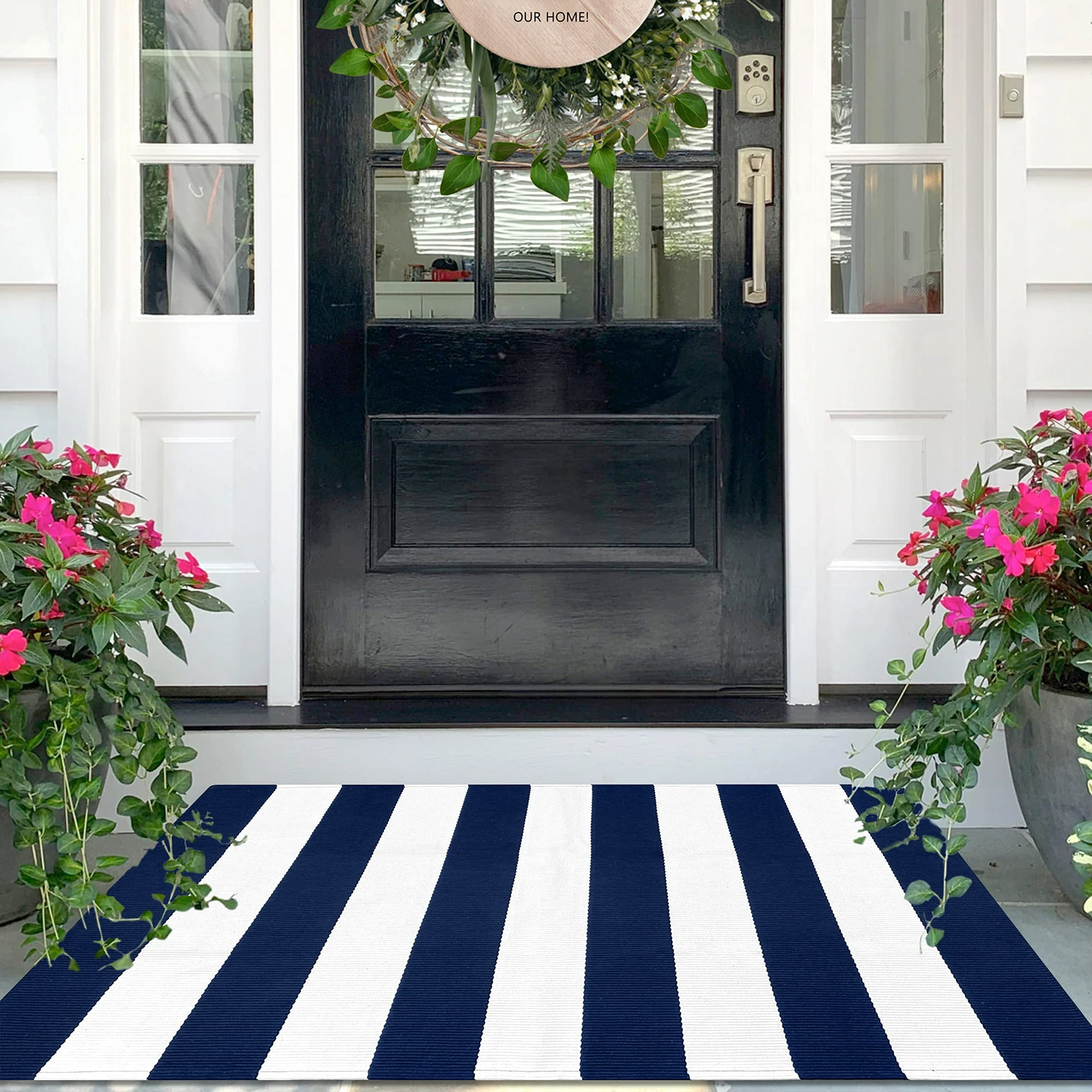 Cotton Navy and White Striped Rug Outdoor Doormat 27.5 x 43 Inches ...