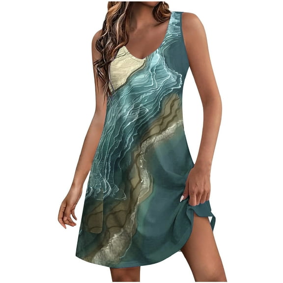 Fmbrln Womens Summer V Neck Sleeveless Tank Dress Fashion Casual Vintage Print Mini Dress Hawaiian Beach Sundress with Pockets