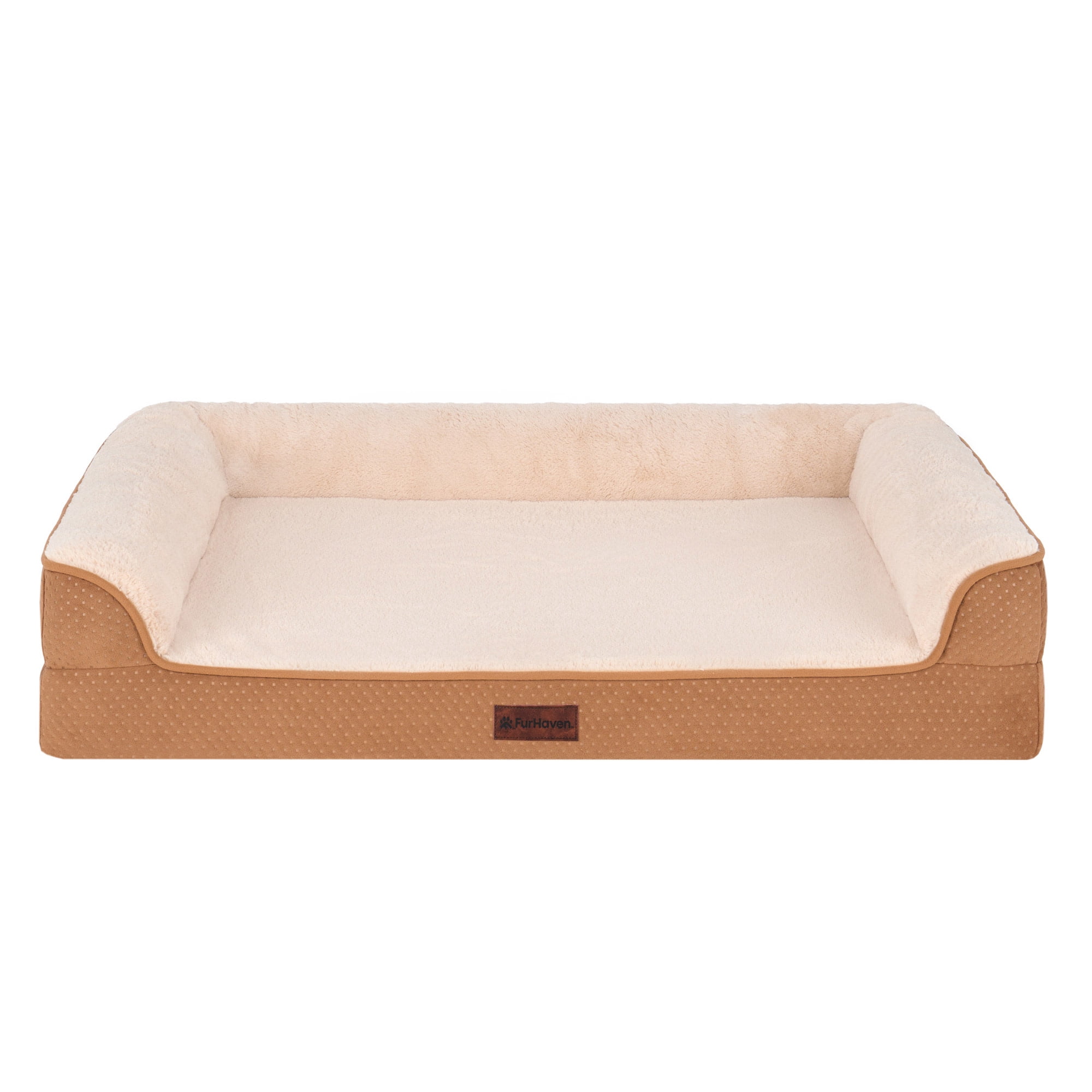 FurHaven Plush & Embossed Velvet Dreamer Orthopedic Sofa Pet Bed for Dogs and Cats - Cognac, Large
