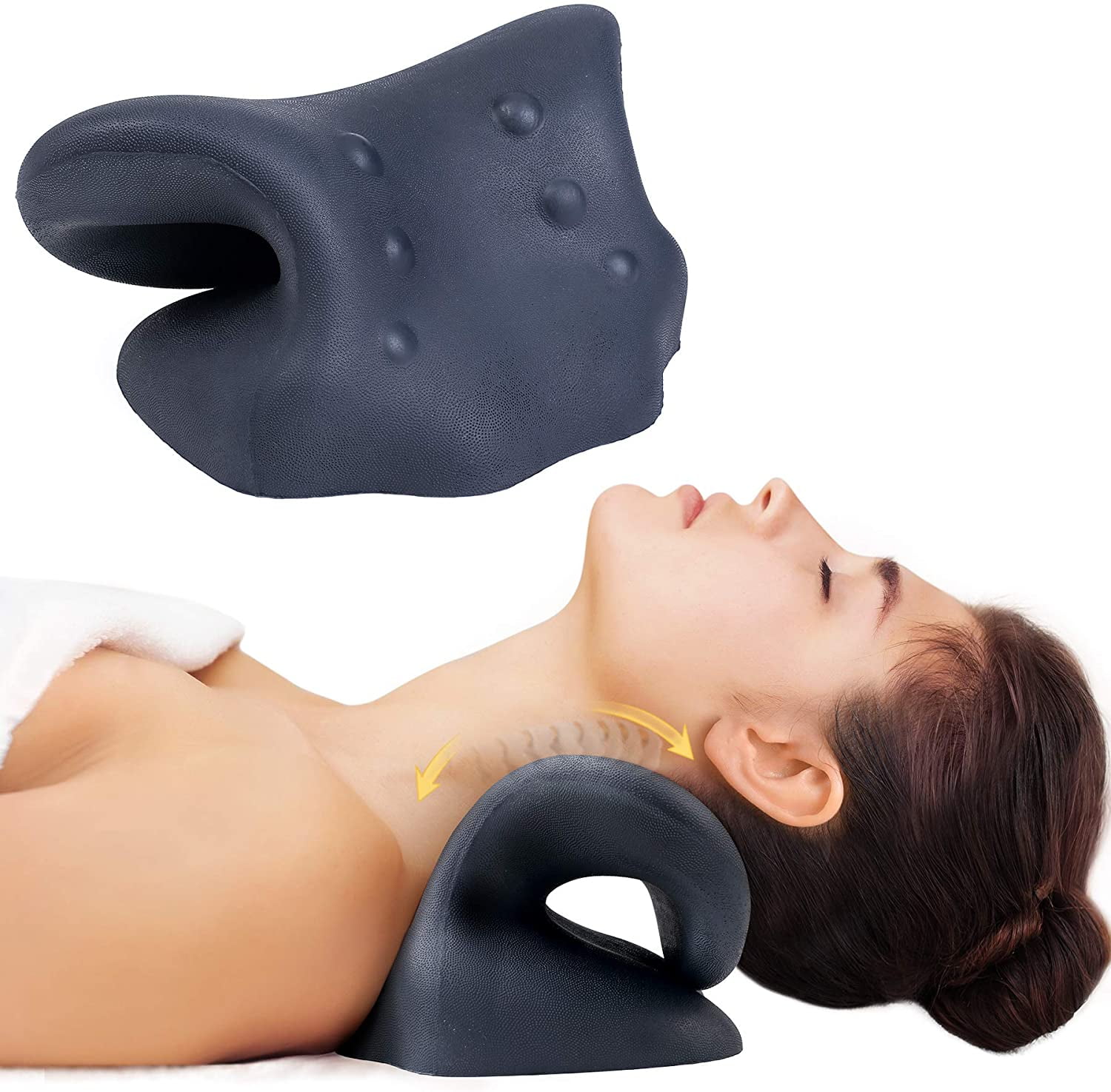 Neck Stretcher for Neck Pain Relief, Neck and Shoulder Relaxer Cervical Traction Device with Massage Point for Muscle Relax and TMJ Pain Relief, Cervical Spine Alignment Chiropractic Pillow (Black)