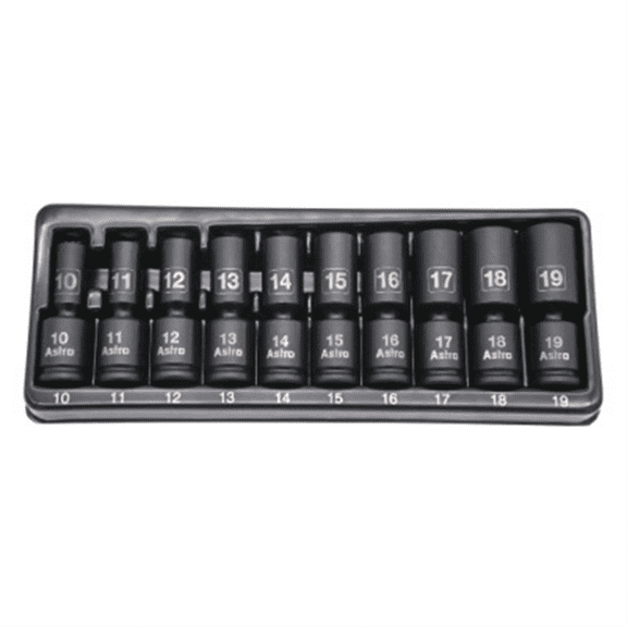 Astro Pneumatic 3/8 Inch Drive Mid-Length Pinless Universal Impact Sockets - Metric - 10 Piece