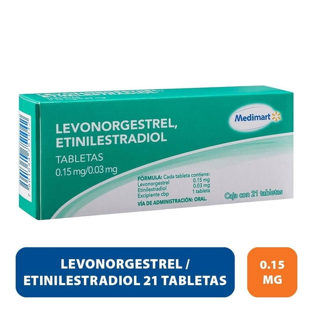 Levonorgestrel, Etinilestradiol Medimart 0.15 mg / 0.03 mg, 21 tabletas en caja verde y blanca con fórmula impresa, medicamento genérico para control hormonal oral disponible en farmacia y cuidado de la salud, presentación para administración oral.