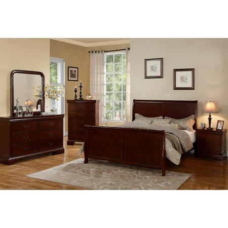 bedroom furniture modern cherry queen size bed dresser mirror nightstand  4pc set curved panel sleigh bed