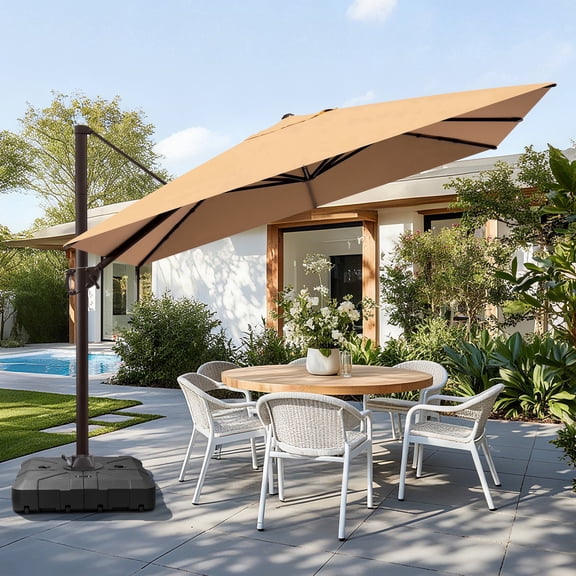 Crestlive Products 9x11FT Large Patio Cantilever Umbrella with Wheel Base, Rectangular Offset Outdoor Umbrella with Aluminum Frame for Pool Backyard Deck Garden, Tan