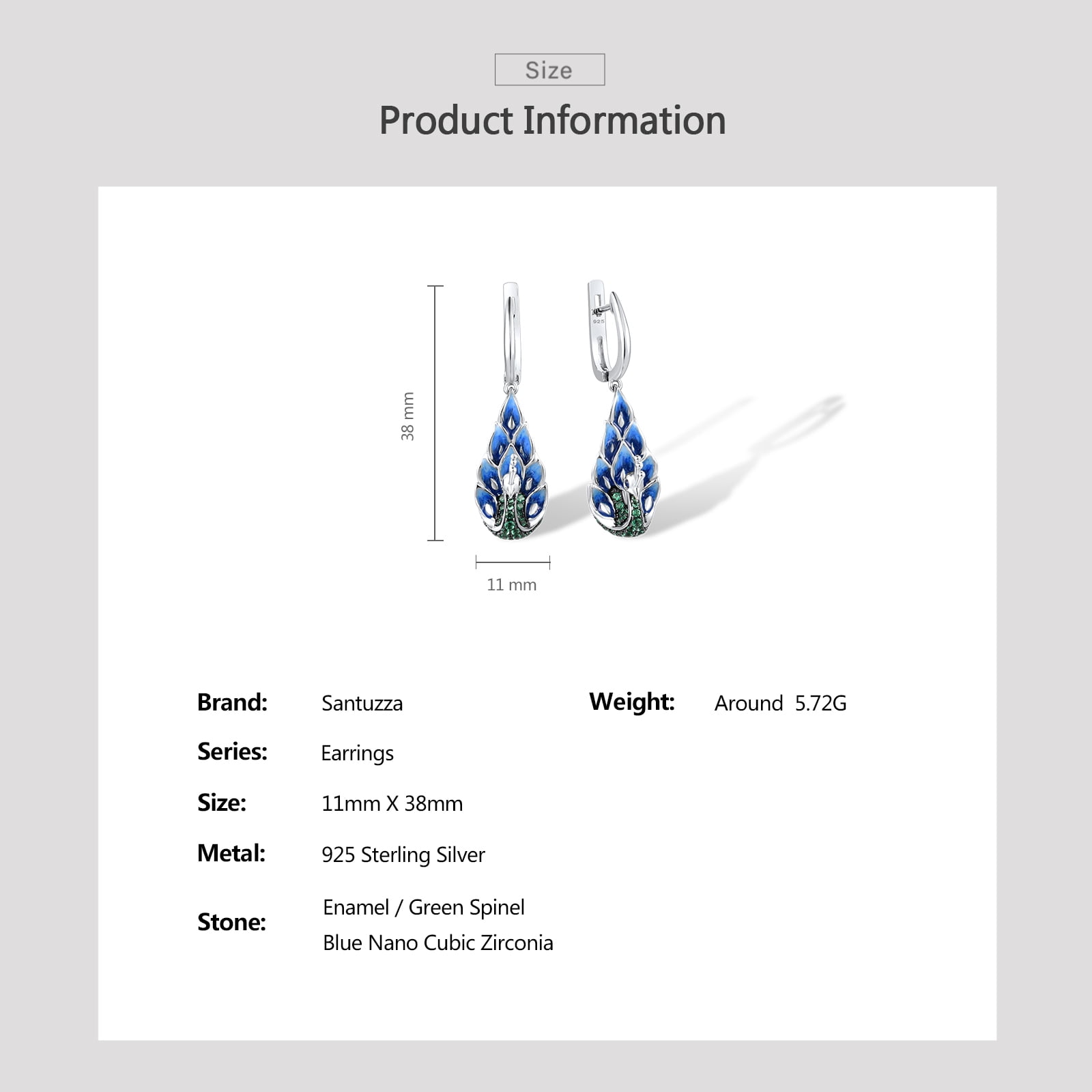 Santuzza 925 Sterling Silver Gemstone Peacock Dangle Earrings Blue Nano Cubic Zirconia Enamel Peahen Drop Earrings for Women