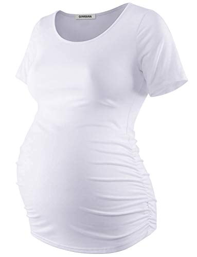 GINKANA Short Sleeve Maternity Tops Shirts Floral Ruched Sides Casual Mama Pregnancy Blouses Clothes 