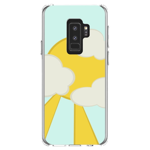 DistinctInk Clear Shockproof Hybrid Case for Samsung Galaxy S9 PLUS (6.2" Screen) - TPU Bumper, Acrylic Back, Tempered Glass Screen Protector - Blue Yellow Sun Sky Clouds