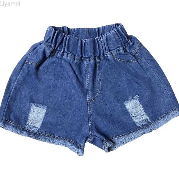 Liyamei Girls Distressed Denim Shorts with Elastic Waist for Summer Size 2-15,Blue