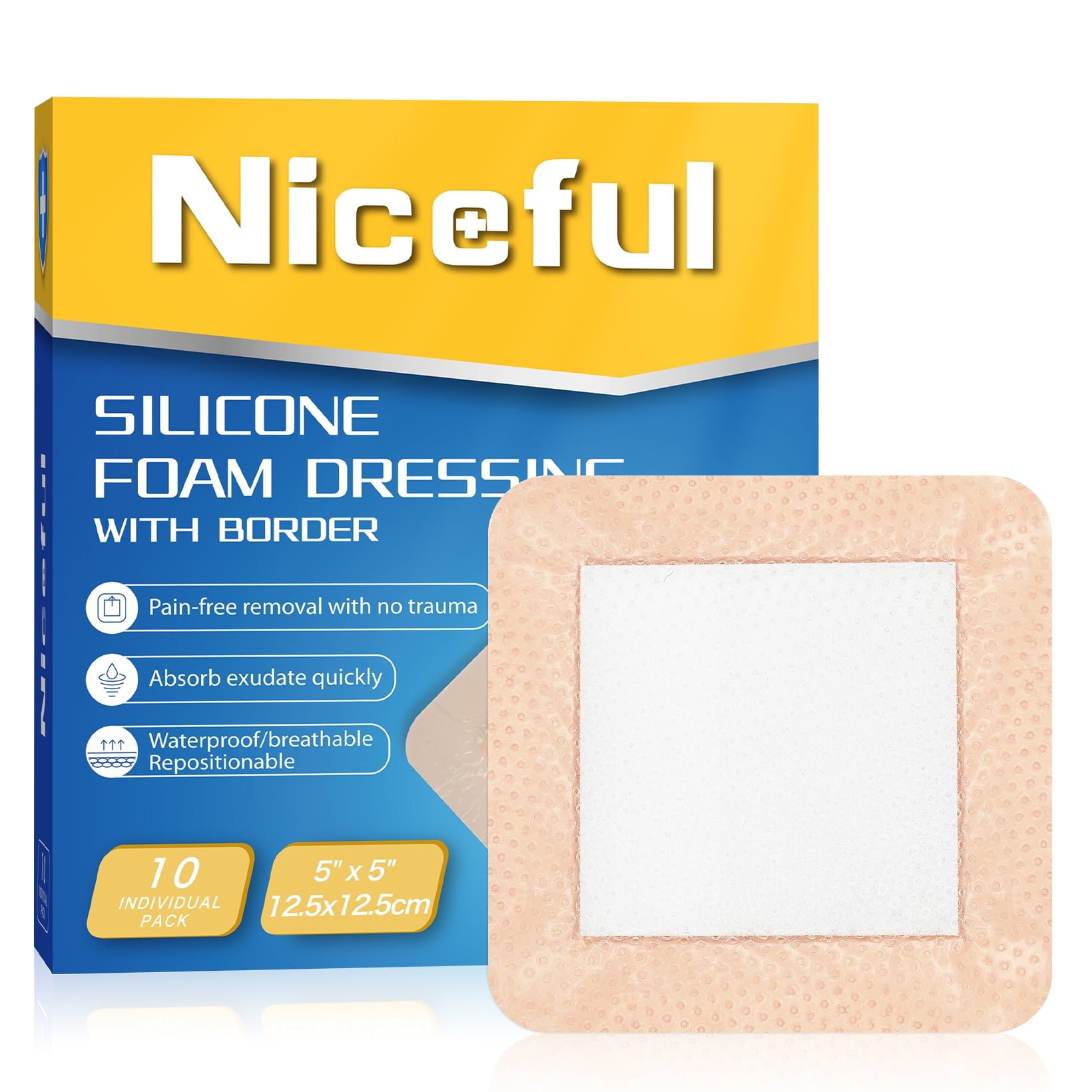 Niceful Silicone Foam Dressing 5"x5", Waterproof Adhesive Foam Bandages for Pressure Ulcer, 10