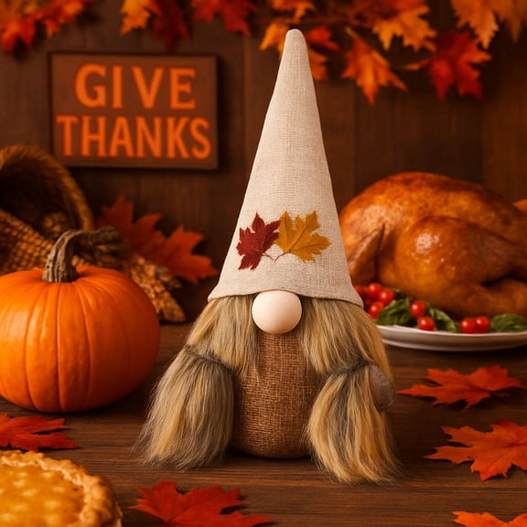 HKEJIAOI 8.66" Maple Leaf Rudolph Faceless Doll Figure Handmade Thanksgiving Festival Decoration Polyester Linen Dwarf Goblin Figurine Gift