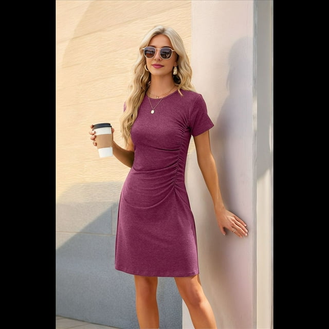 Vestido de Cuello Redondo y Corta Color Vino Tinto M