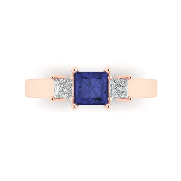 Three-Stone Engagement Ring for Women - 1.11ct Simulated Tanzanite in 18K Rose Gold Promise Ring