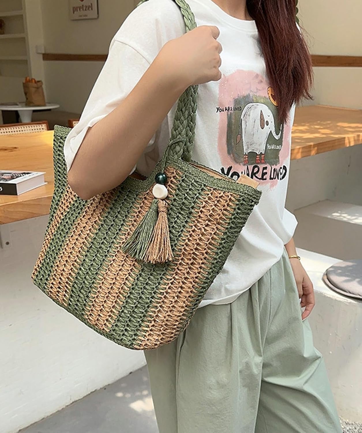 Zhengup Shoulder Bag Women Beach Tote Bag Ladies Straw Purses Handbags Summer Crochet Hand Woven Stripe
