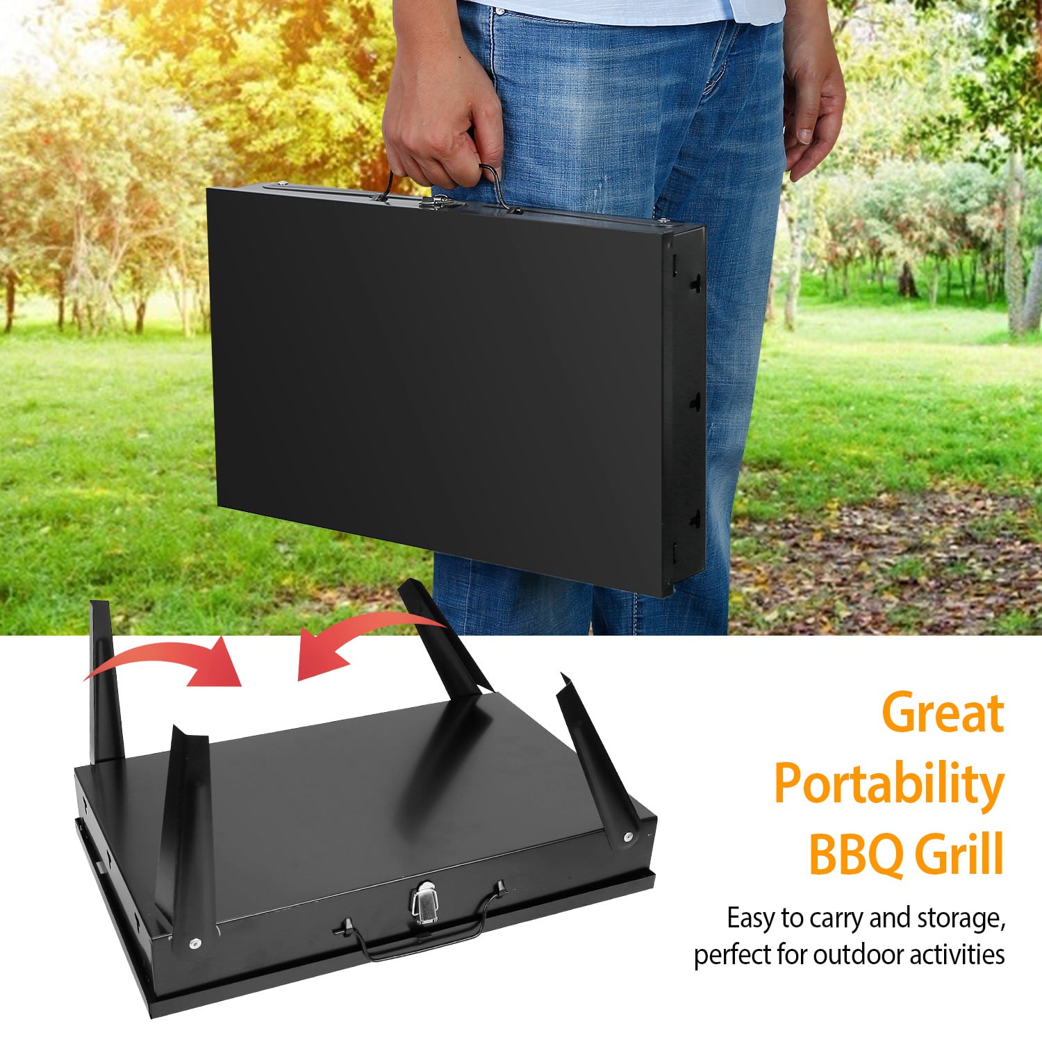 Foldable Charcoal BBQ Grill, 3 Adjustable Height Outdoor Barbecue Rack with Wind Shield & Tool Storage, for Camping Picnic Backyard Party Cooking
