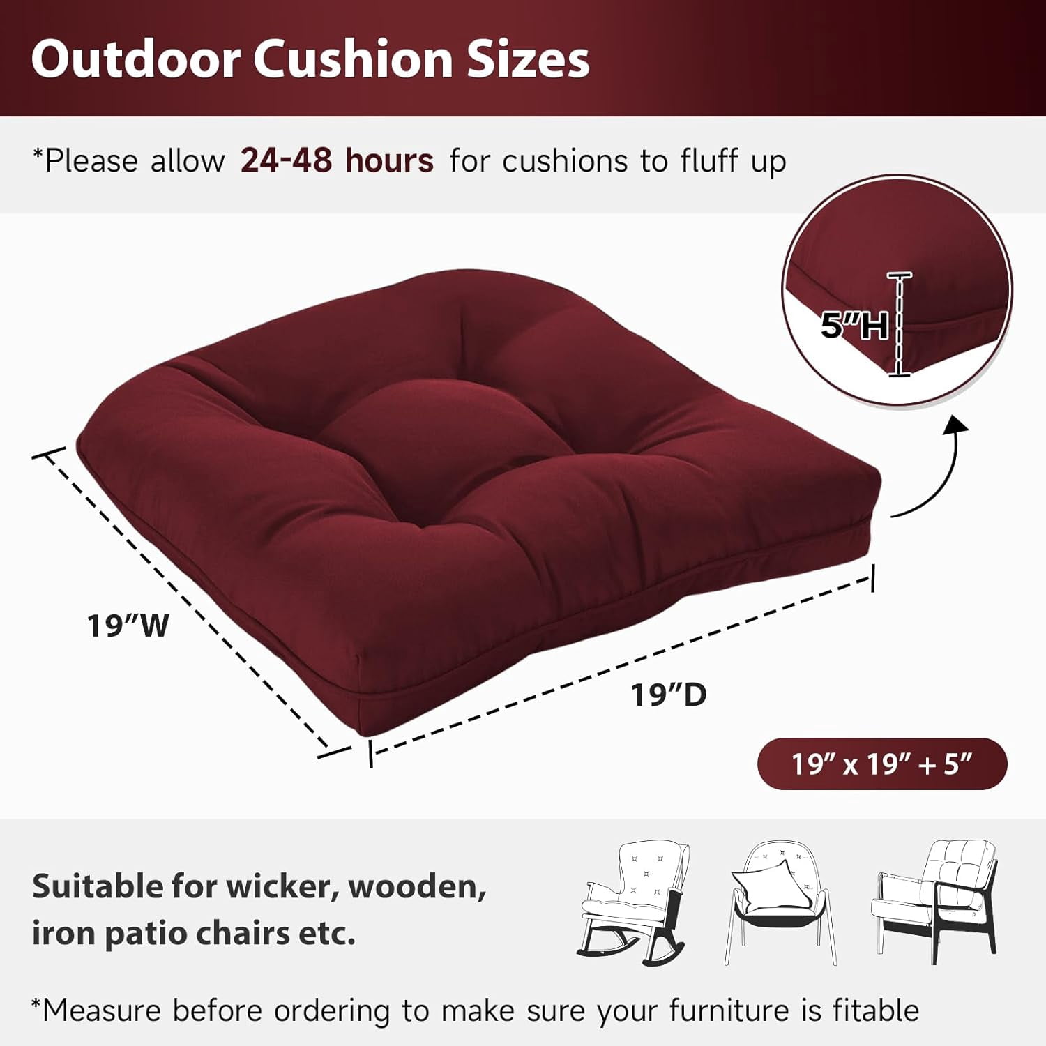 19x19 Outdoor Chair Cushions Set of 4, Tufted Wicker Patio Furniture Cushions, Thick Outdoor Seat Cushions for Lawn Chairs, Overstuffed and Water Resistant, Burgundy